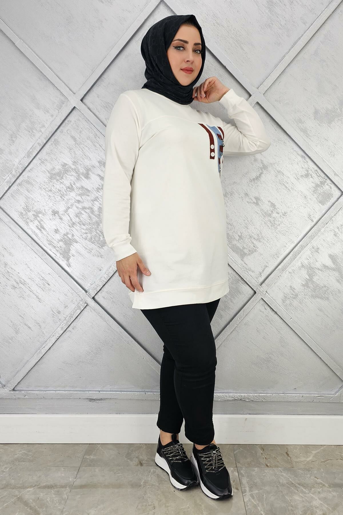 KADIN D TOKA VE PÜSKÜL DETAYLI TESETTÜR TUNİK EKRU - 3XL