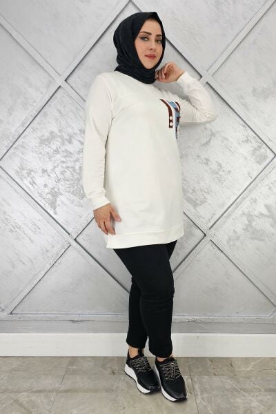 KADIN D TOKA VE PÜSKÜL DETAYLI TESETTÜR TUNİK EKRU - 3XL