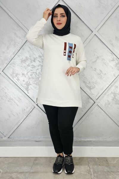 KADIN D TOKA VE PÜSKÜL DETAYLI TESETTÜR TUNİK EKRU - 3XL