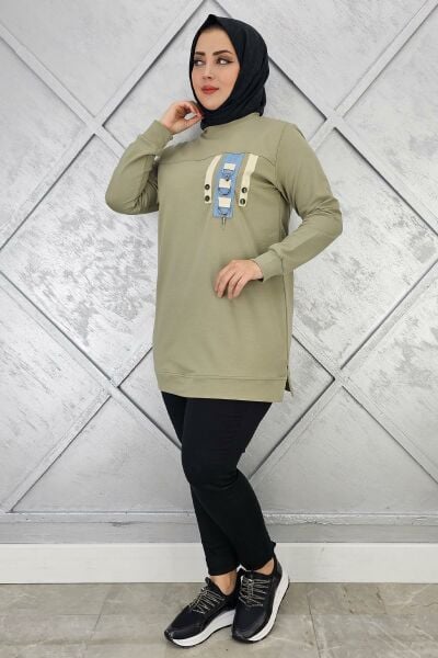 KADIN D TOKA VE PÜSKÜL DETAYLI TESETTÜR TUNİK YAĞ YEŞİLİ - 2XL