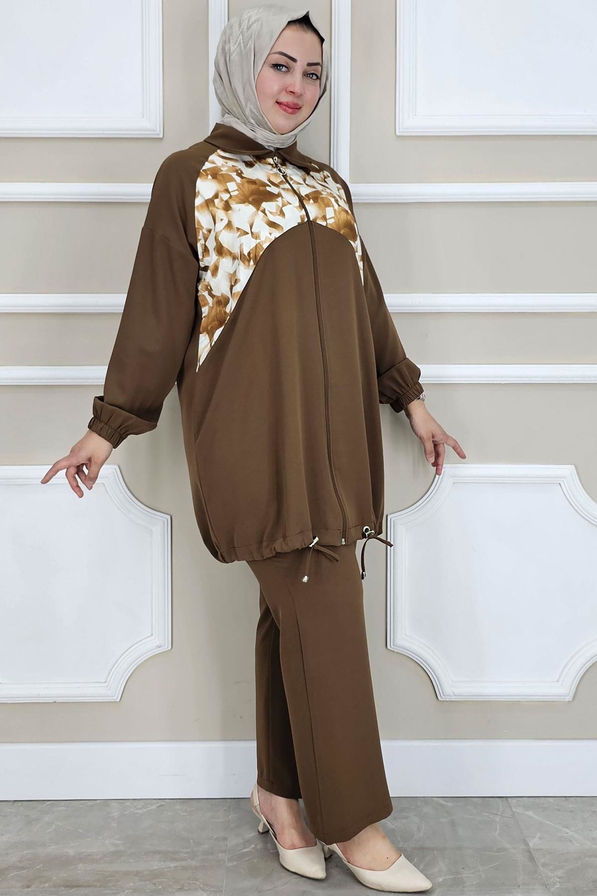 PYS KADIN DESEN KOMBİNLİ TESETTÜR TAKIM KAHVERENGİ - 2 BEDEN