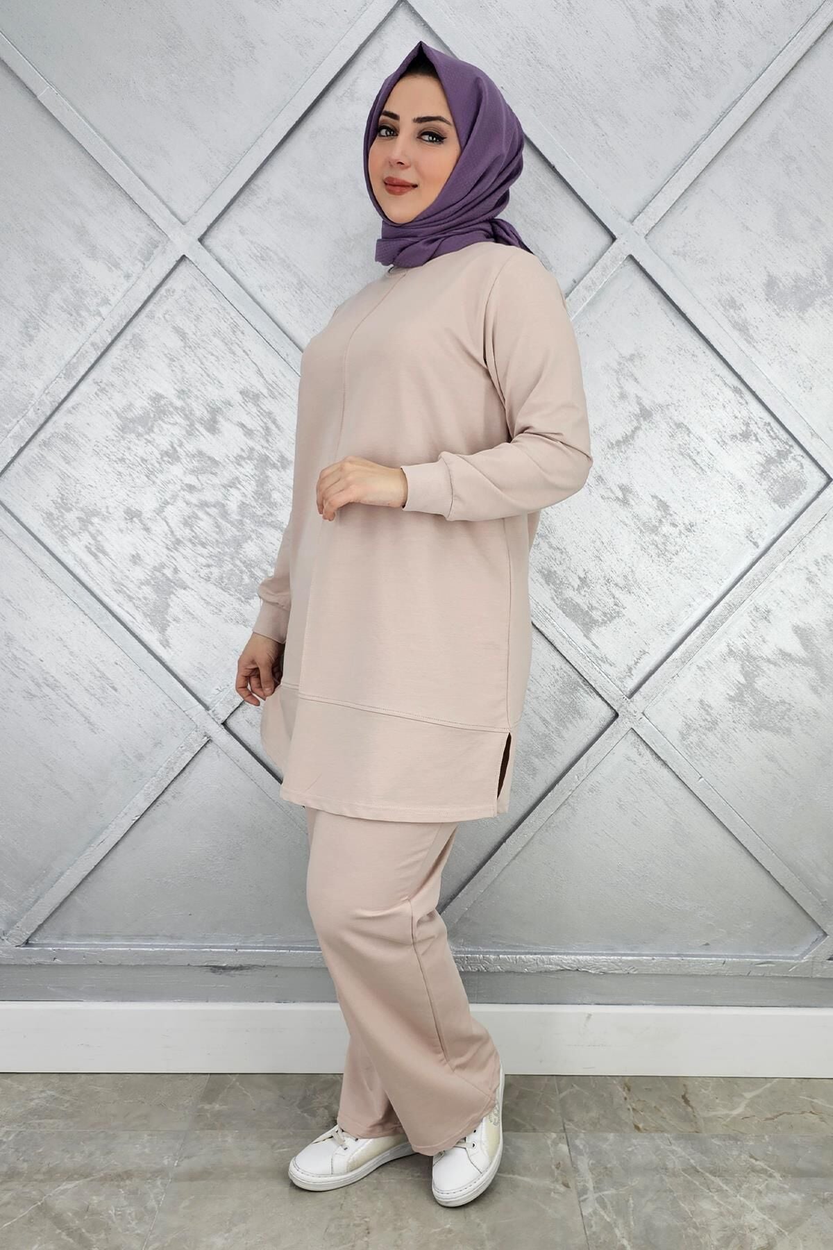 KADIN NERVÜR DİKİM TESETTÜR TAKIM BEJ - 3XL