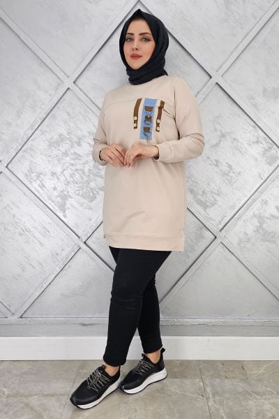 KADIN D TOKA VE PÜSKÜL DETAYLI TESETTÜR TUNİK BEJ - L