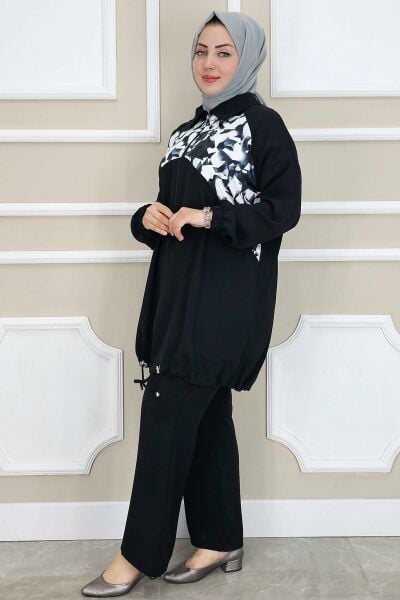 PYS KADIN DESEN KOMBİNLİ TESETTÜR TAKIM SİYAH - 2 BEDEN