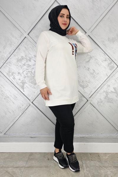 KADIN D TOKA VE PÜSKÜL DETAYLI TESETTÜR TUNİK EKRU - L