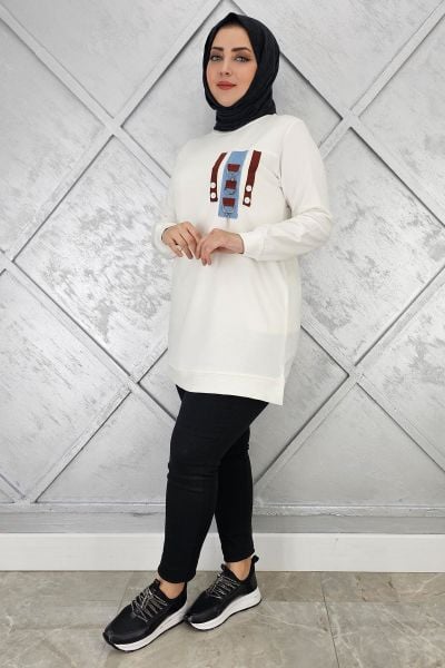 KADIN D TOKA VE PÜSKÜL DETAYLI TESETTÜR TUNİK EKRU - L