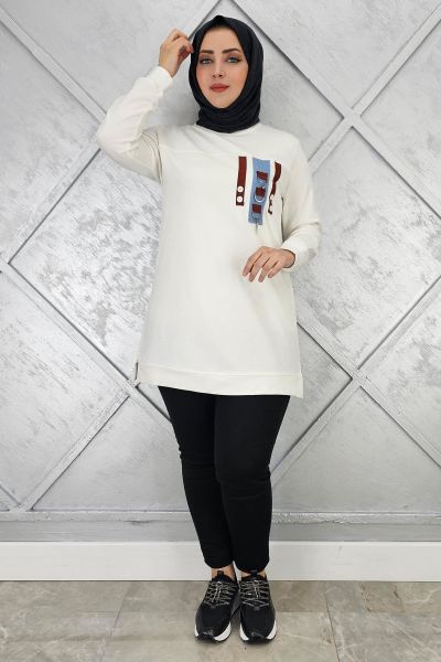 KADIN D TOKA VE PÜSKÜL DETAYLI TESETTÜR TUNİK EKRU - L