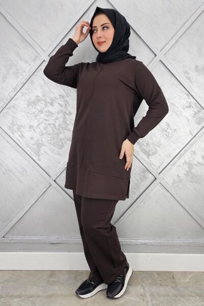 KADIN NERVÜR DİKİM TESETTÜR TAKIM KAHVERENGİ - L