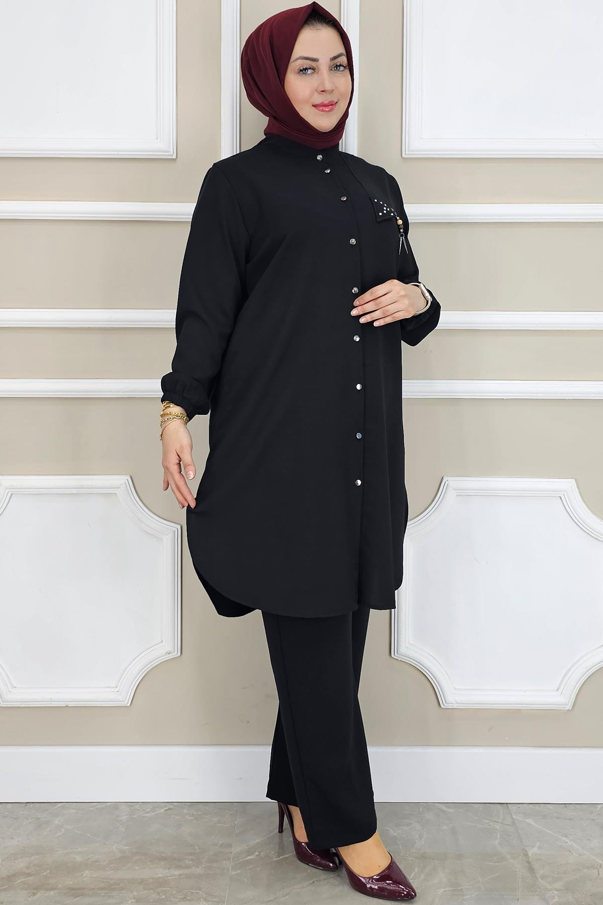 KADIN SALLANTI AKSESUARLI HAKİM YAKA TESETTÜR TAKIM SİYAH - 3 BEDEN