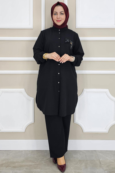 KADIN SALLANTI AKSESUARLI HAKİM YAKA TESETTÜR TAKIM SİYAH - 3 BEDEN