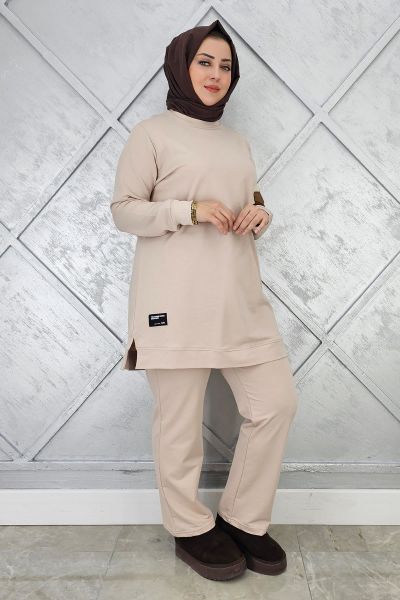 KADIN KOL CEP DETAYLI TESETTÜR TAKIM BEJ - 2XL