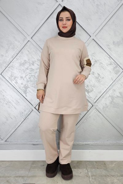 KADIN KOL CEP DETAYLI TESETTÜR TAKIM BEJ - 2XL