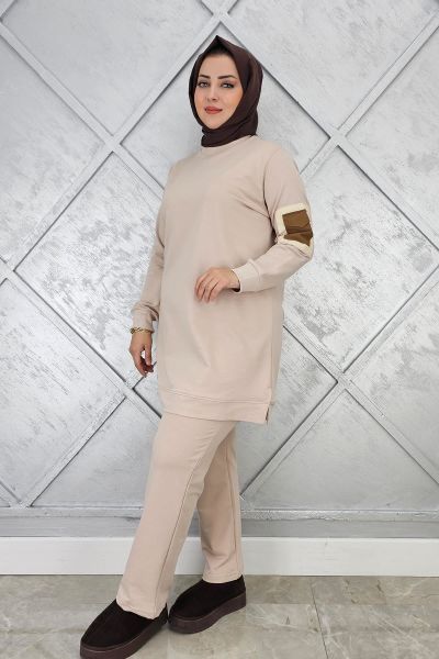 KADIN KOL CEP DETAYLI TESETTÜR TAKIM BEJ - 2XL