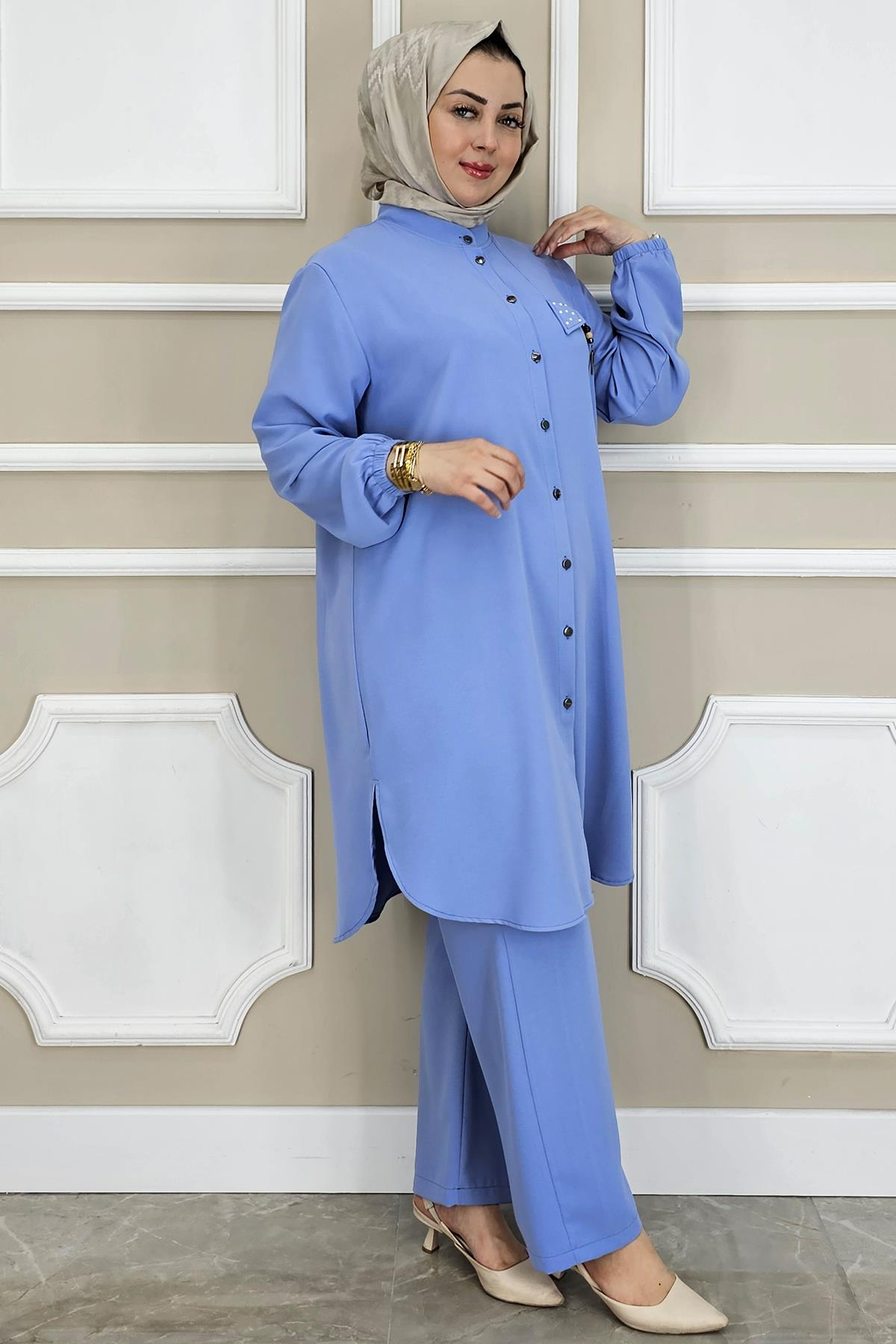 KADIN SALLANTI AKSESUARLI HAKİM YAKA TESETTÜR TAKIM MAVİ - 2 BEDEN