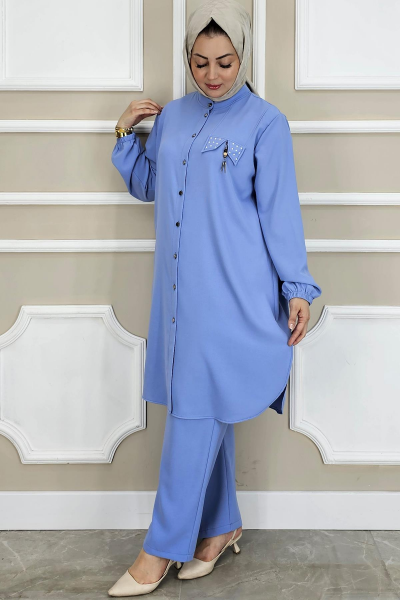 KADIN SALLANTI AKSESUARLI HAKİM YAKA TESETTÜR TAKIM MAVİ - 2 BEDEN