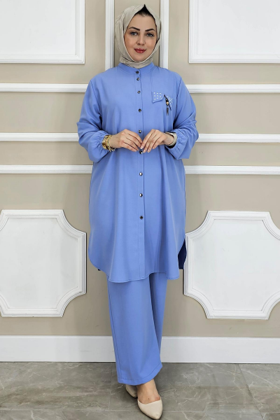 KADIN SALLANTI AKSESUARLI HAKİM YAKA TESETTÜR TAKIM MAVİ - 2 BEDEN