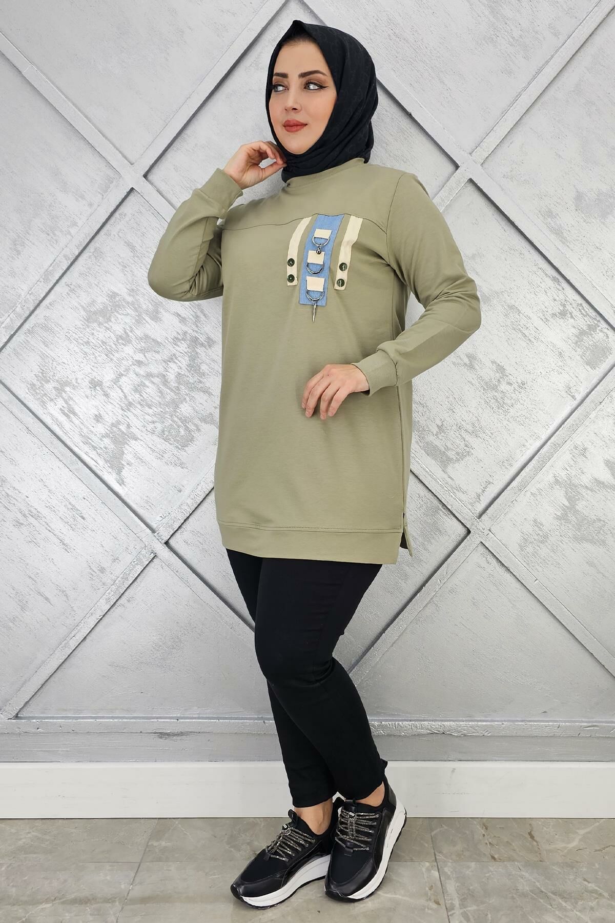 KADIN D TOKA VE PÜSKÜL DETAYLI TESETTÜR TUNİK YAĞ YEŞİLİ - 3XL