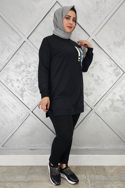 KADIN D TOKA VE PÜSKÜL DETAYLI TESETTÜR TUNİK SİYAH - 3XL