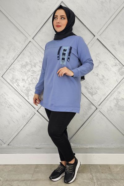 KADIN D TOKA VE PÜSKÜL DETAYLI TESETTÜR TUNİK MAVİ - L