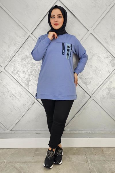 KADIN D TOKA VE PÜSKÜL DETAYLI TESETTÜR TUNİK MAVİ - L
