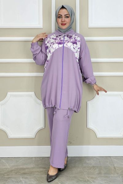 PYS KADIN DESEN KOMBİNLİ TESETTÜR TAKIM LİLA - 3 BEDEN