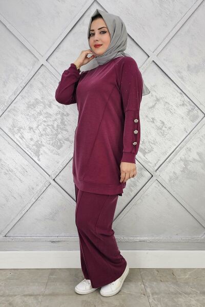 KADIN NERVÜR DİKİM DÜĞME DETAYLI TESETTÜR TAKIM BORDO - 2 BEDEN
