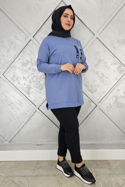 KADIN D TOKA VE PÜSKÜL DETAYLI TESETTÜR TUNİK MAVİ - 3XL