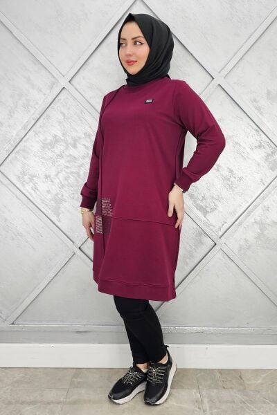 KADIN KARE TAŞ DETAYLI ARMALI TESETTÜR TUNİK BORDO - 2 BEDEN