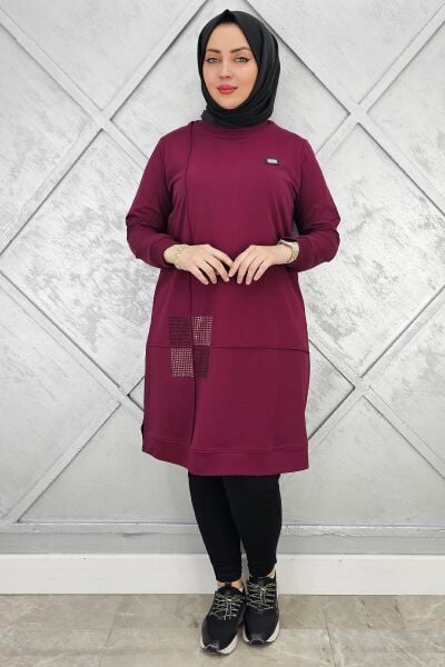KADIN KARE TAŞ DETAYLI ARMALI TESETTÜR TUNİK BORDO - 2 BEDEN