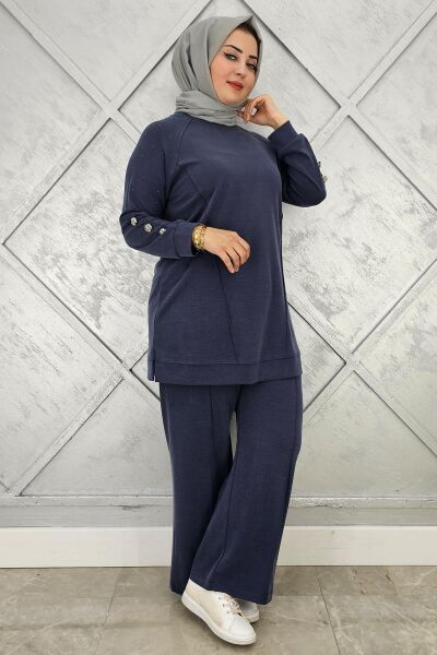KADIN NERVÜR DİKİM DÜĞME DETAYLI TESETTÜR TAKIM LACİVERT - 4 BEDEN