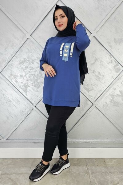 KADIN D TOKA VE PÜSKÜL DETAYLI TESETTÜR TUNİK İNDİGO - L