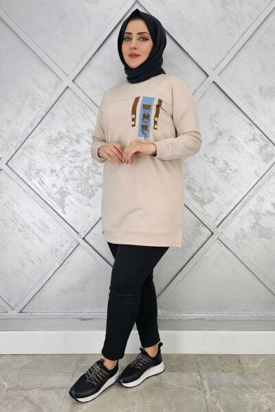KADIN D TOKA VE PÜSKÜL DETAYLI TESETTÜR TUNİK BEJ - 3XL