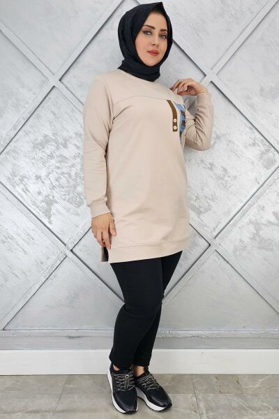 KADIN D TOKA VE PÜSKÜL DETAYLI TESETTÜR TUNİK BEJ - 3XL