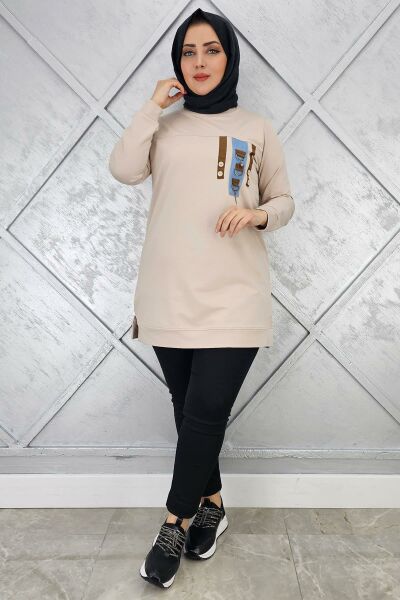 KADIN D TOKA VE PÜSKÜL DETAYLI TESETTÜR TUNİK BEJ - 3XL