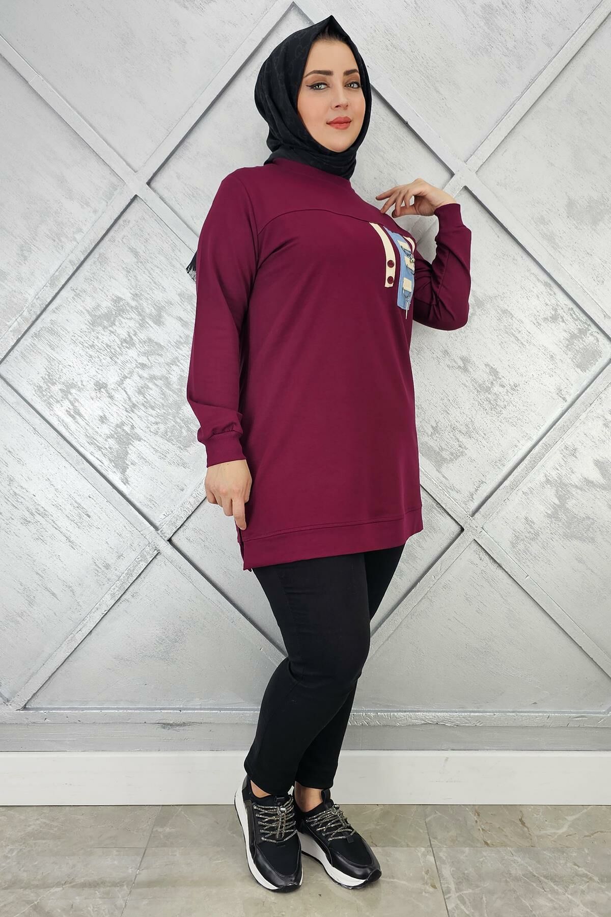 KADIN D TOKA VE PÜSKÜL DETAYLI TESETTÜR TUNİK BORDO - 3XL