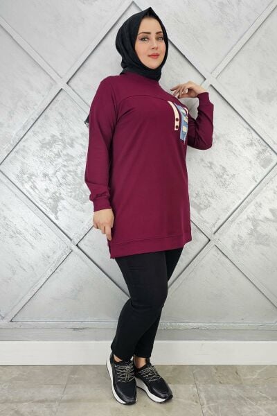 KADIN D TOKA VE PÜSKÜL DETAYLI TESETTÜR TUNİK BORDO - 3XL
