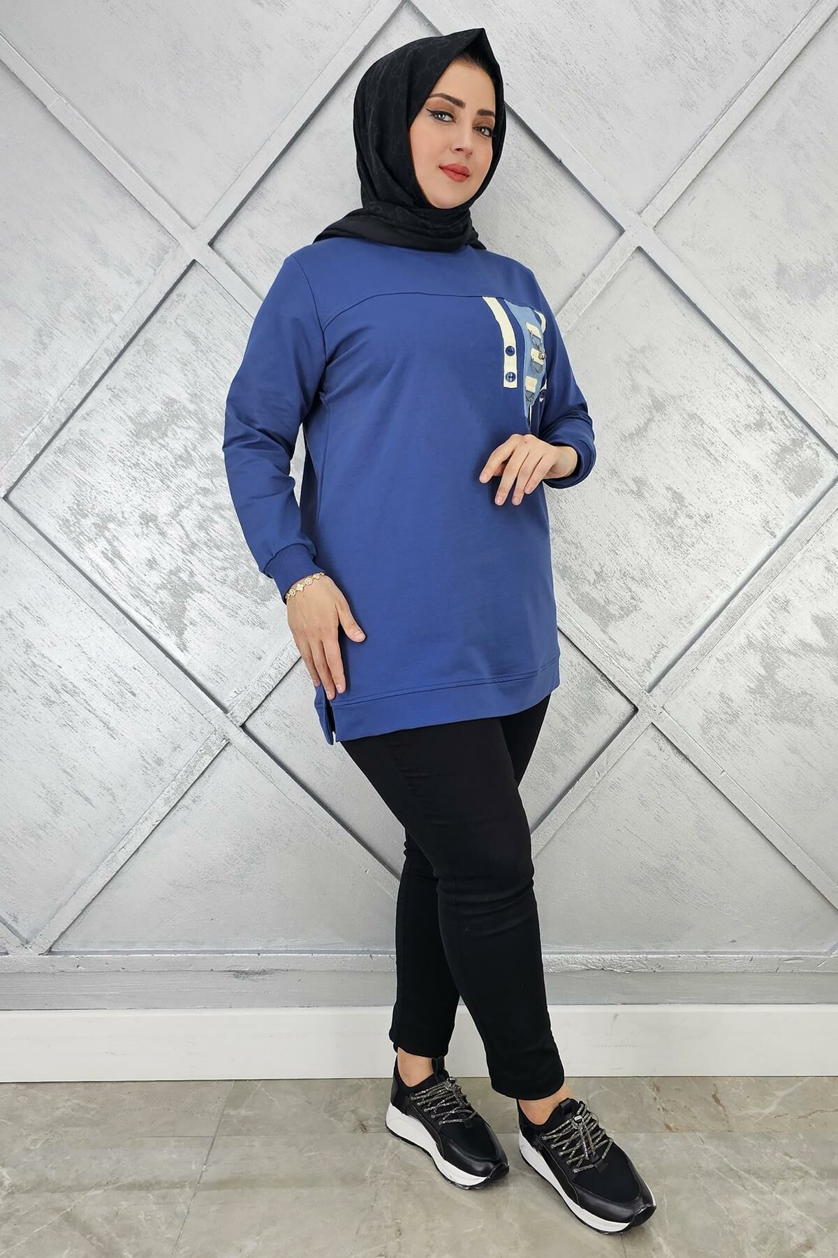 KADIN D TOKA VE PÜSKÜL DETAYLI TESETTÜR TUNİK İNDİGO - XL