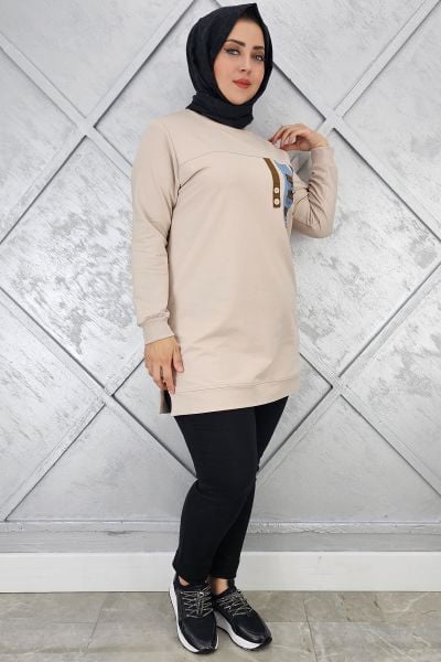 KADIN D TOKA VE PÜSKÜL DETAYLI TESETTÜR TUNİK BEJ - 2XL