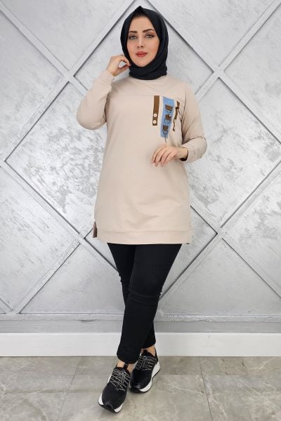 KADIN D TOKA VE PÜSKÜL DETAYLI TESETTÜR TUNİK BEJ - 2XL