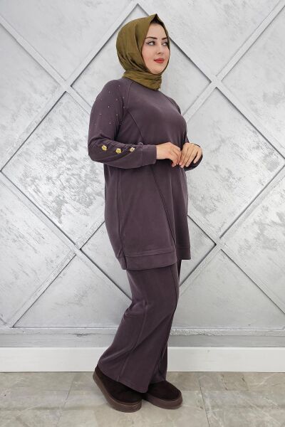 KADIN NERVÜR DİKİM DÜĞME DETAYLI TESETTÜR TAKIM KAHVERENGİ - 2 BEDEN