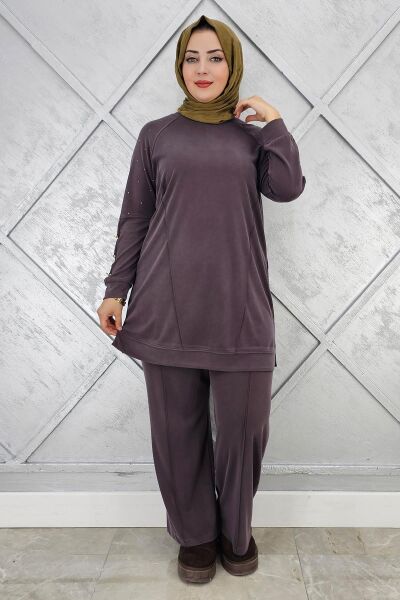 KADIN NERVÜR DİKİM DÜĞME DETAYLI TESETTÜR TAKIM KAHVERENGİ - 2 BEDEN