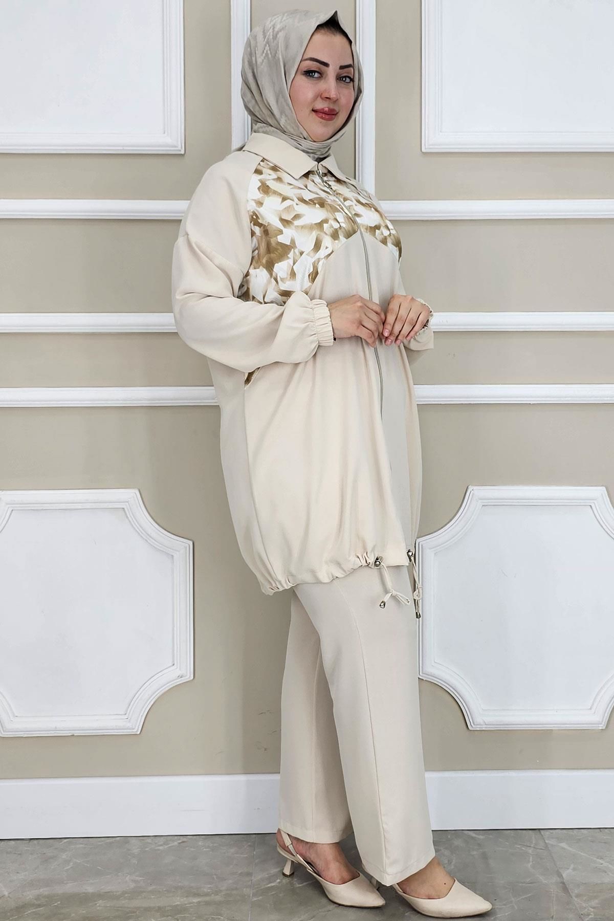 PYS KADIN DESEN KOMBİNLİ TESETTÜR TAKIM TAŞ - 2 BEDEN