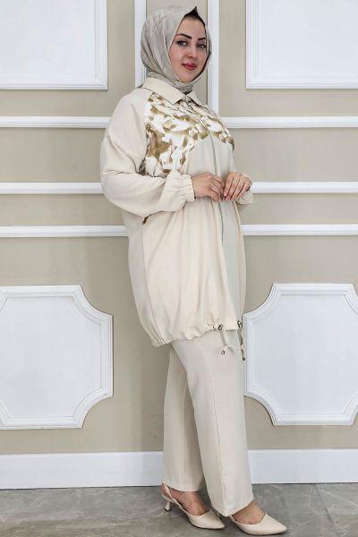 PYS KADIN DESEN KOMBİNLİ TESETTÜR TAKIM TAŞ - 2 BEDEN