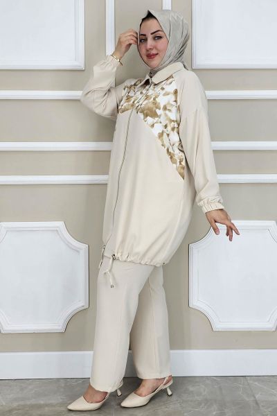 PYS KADIN DESEN KOMBİNLİ TESETTÜR TAKIM TAŞ - 2 BEDEN