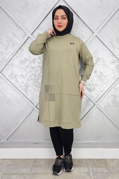 KADIN KARE TAŞ DETAYLI ARMALI TESETTÜR TUNİK MİNT YEŞİLİ - 5 BEDEN