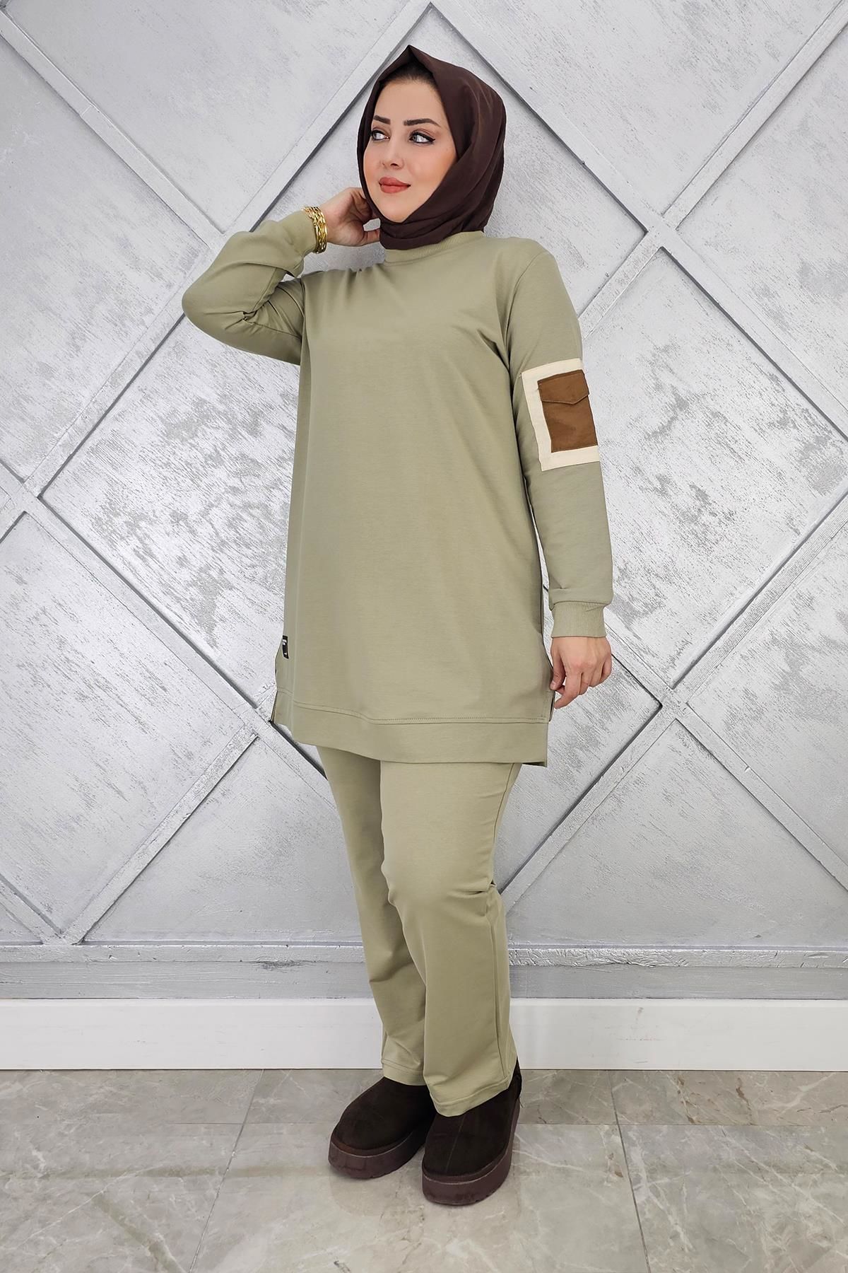 KADIN KOL CEP DETAYLI TESETTÜR TAKIM MİNT YEŞİLİ - XL