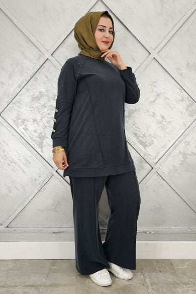 KADIN NERVÜR DİKİM DÜĞME DETAYLI TESETTÜR TAKIM SİYAH - 3 BEDEN
