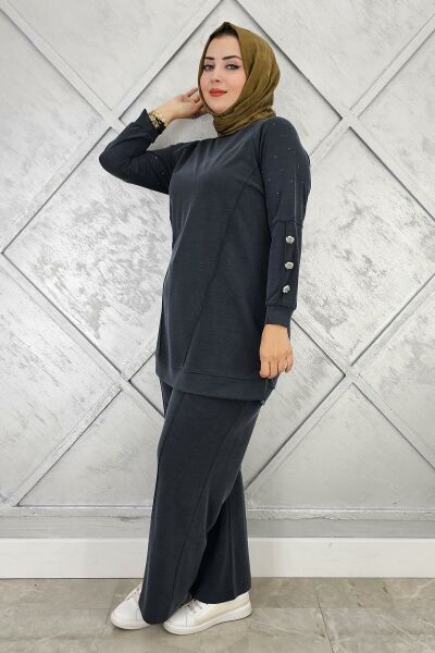 KADIN NERVÜR DİKİM DÜĞME DETAYLI TESETTÜR TAKIM SİYAH - 3 BEDEN