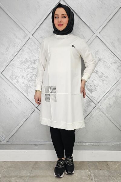 KADIN KARE TAŞ DETAYLI ARMALI TESETTÜR TUNİK EKRU - 2 BEDEN