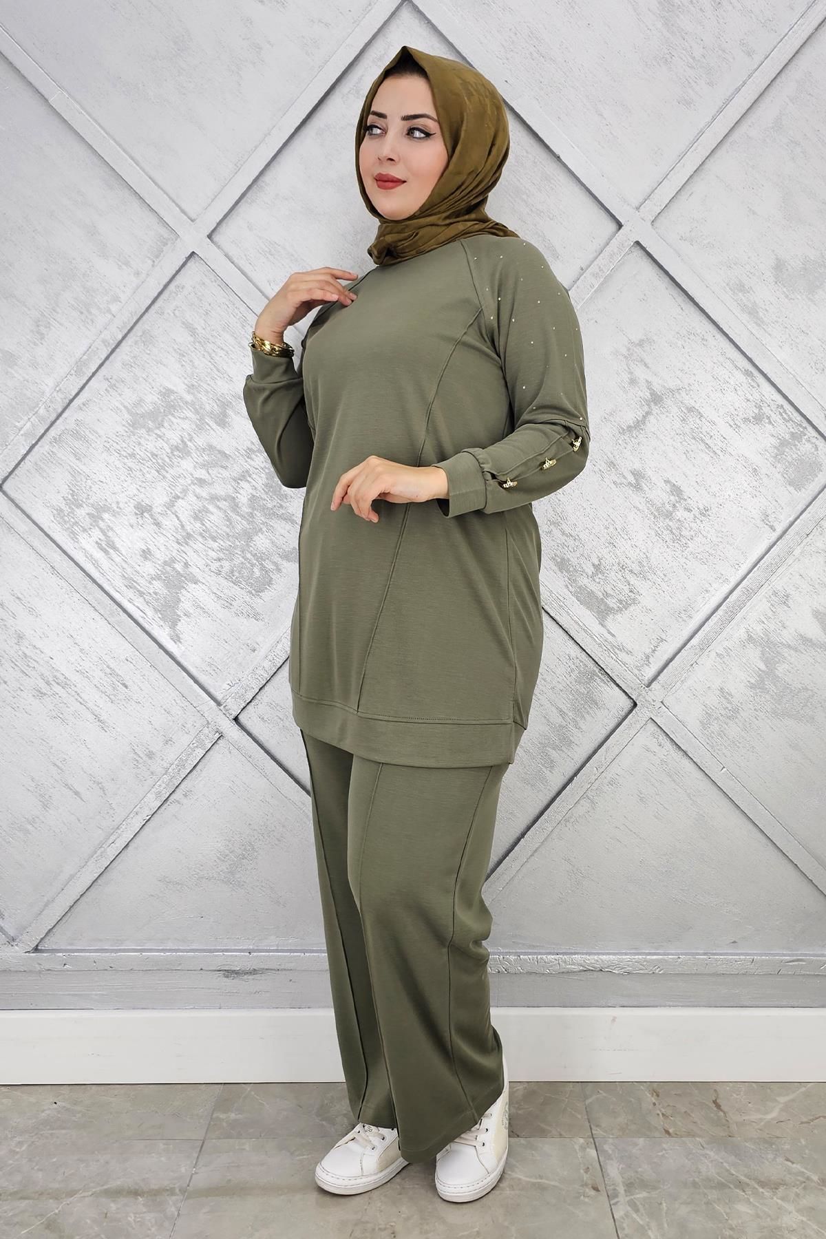 KADIN NERVÜR DİKİM DÜĞME DETAYLI TESETTÜR TAKIM HAKİ - 5 BEDEN